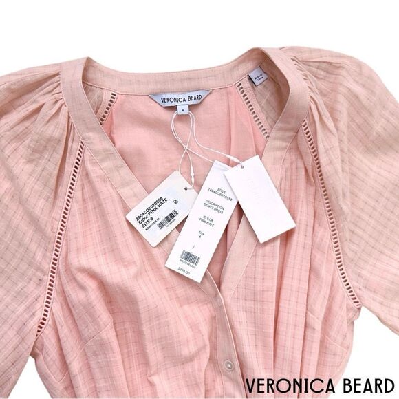 Veronica Beard **NWT** Dewey Tiered Cotton Button-Up Tie Waist Dress Pink Haze - Picture 11 of 11